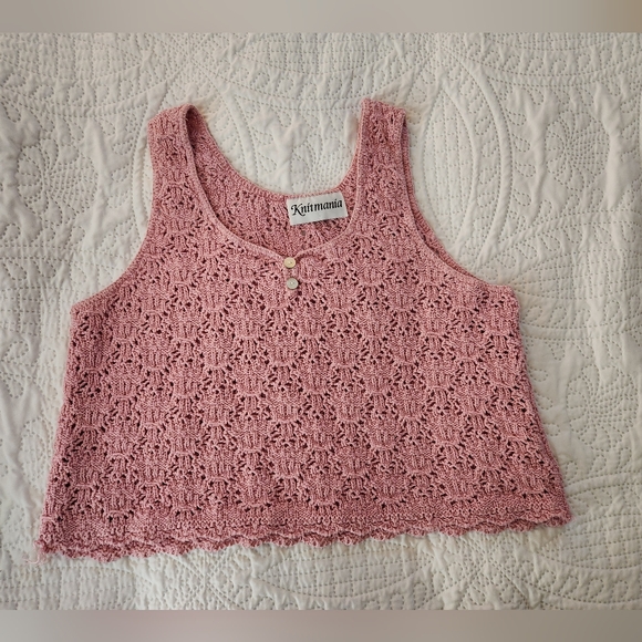 Vintage 1980s Cotton Pink Knit Sleeveless Tank Abalone Buttons by Knitmania - Picture 9 of 11